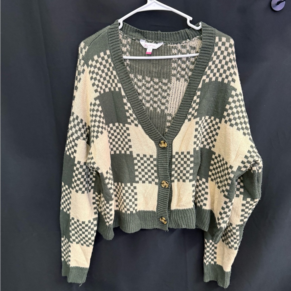 No Boundaries Green and Cream Checkered Cardigan